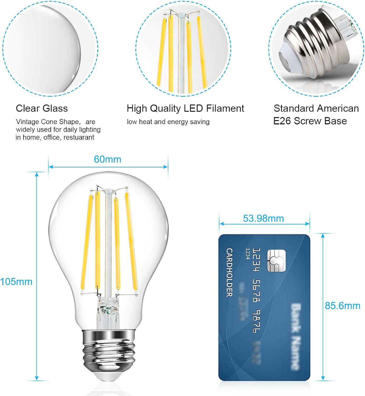 LANGREE A19 LED Light Bulb, Antique Light Filament Bulbs, 6W(Equivalent 60 Watt), 4000K Daylight White, E26 Medium Base CRI 80+ Led Bulb, Non-Dimmable, Standard Replacement, Pack of 6