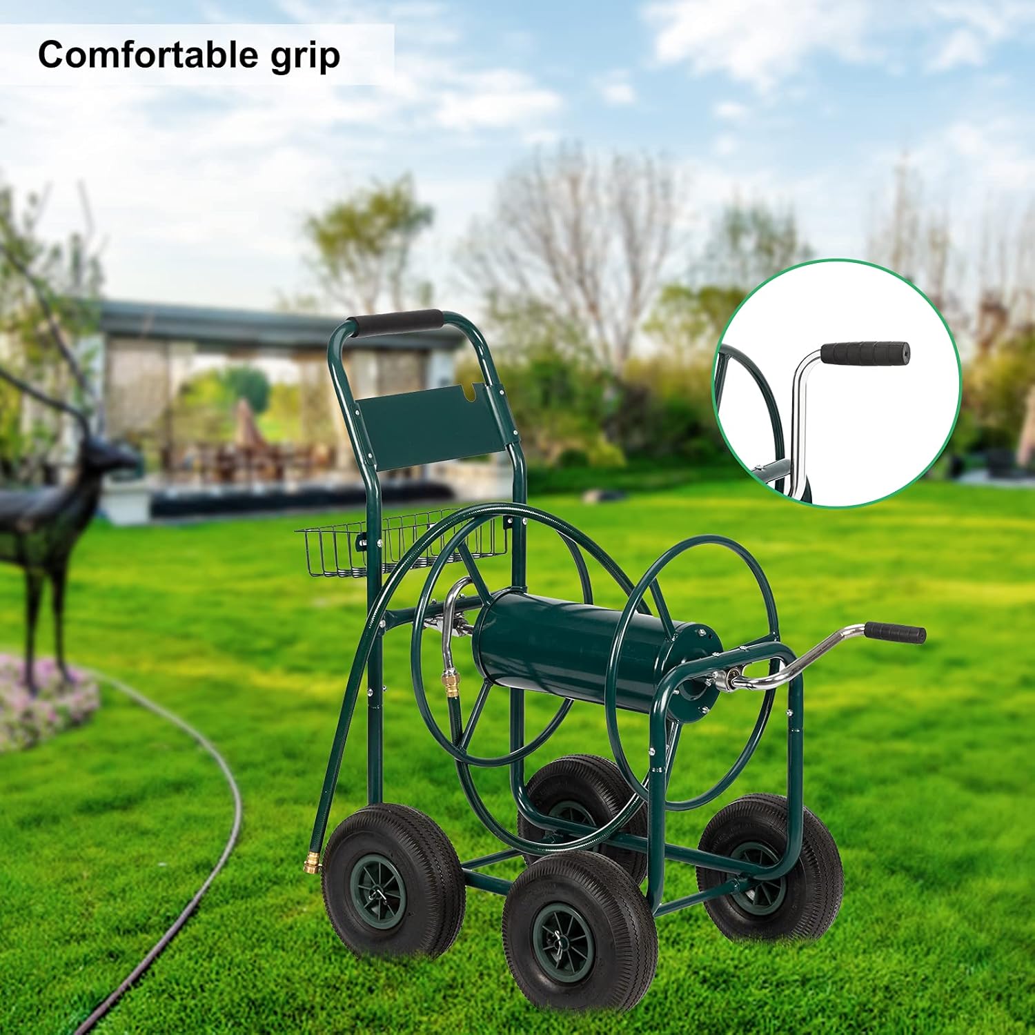 Vasitelan Hose Reel Heavy Duty Garden Hose Reel Sturdy Water Hose Reel Cart with 4 Wheels Storage Basket for Garden Lawn Yard Outdoor (Green)