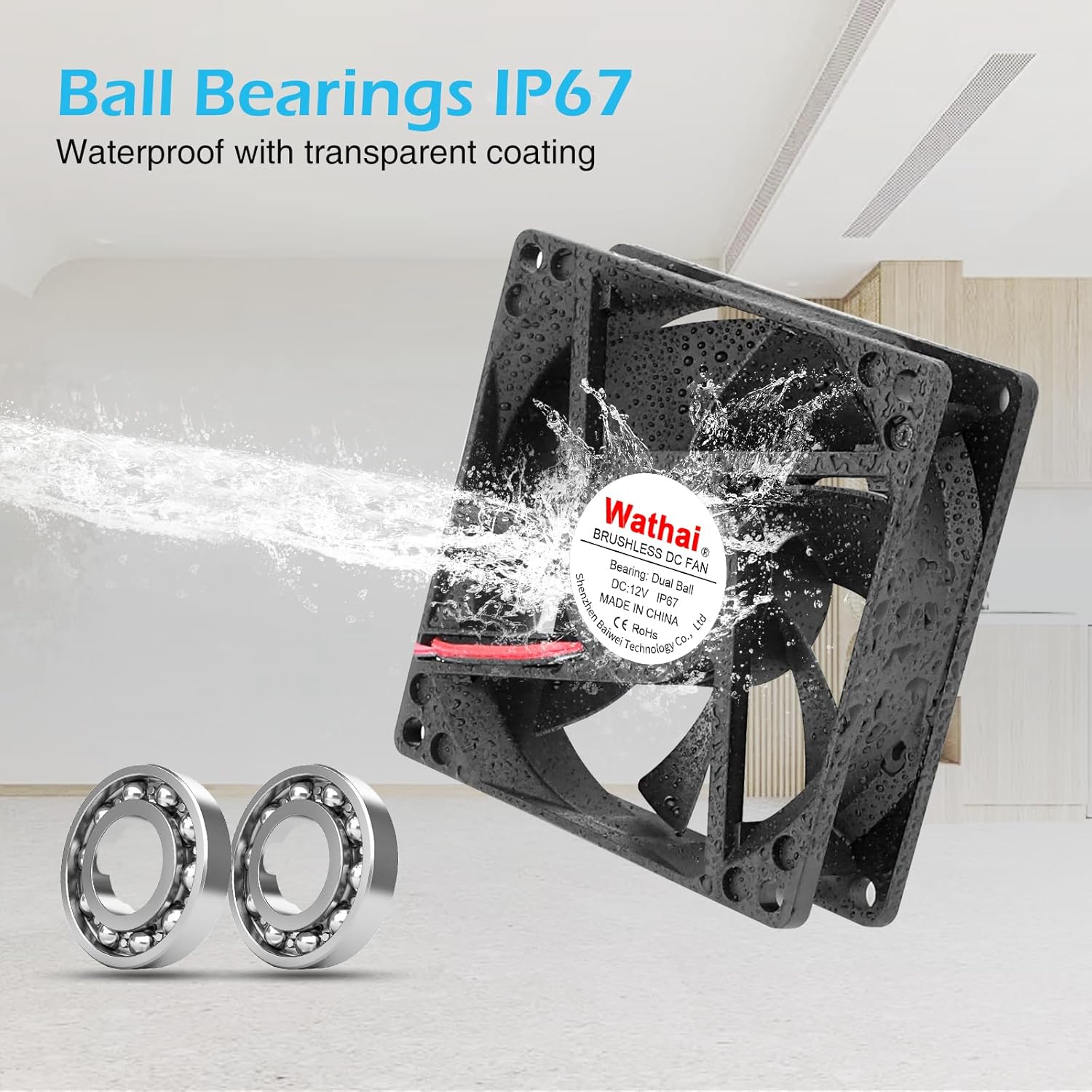 Wathai 120mm x 25mm DC 12V Waterproof Fan Dual Ball High Preformance for Electronic Equipment Cabinet or DIY Cooling Ventilation Exhaust Projects IP67 2 Pack