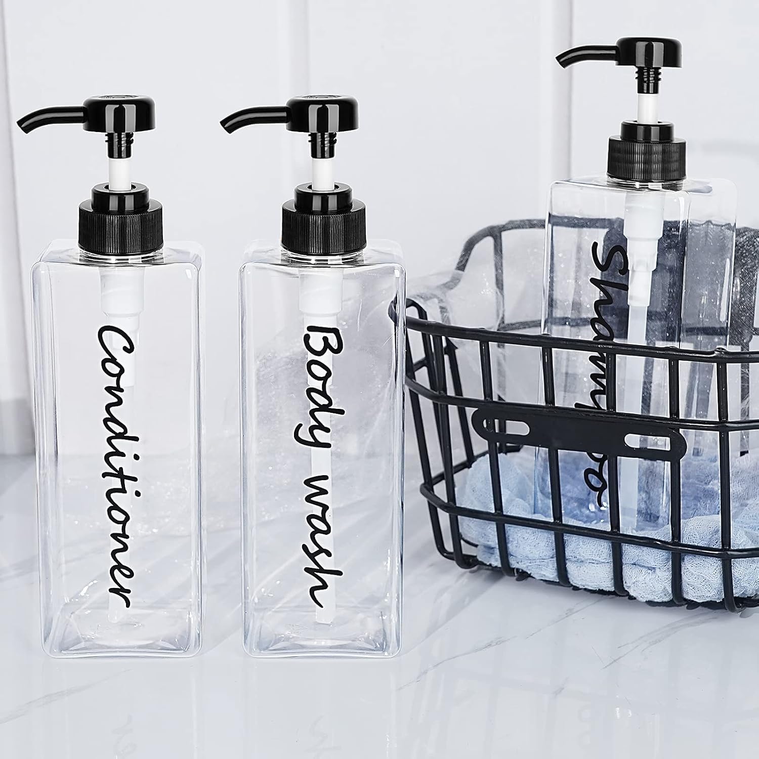 Dispensador de champú, botellas recargables de champú y acondicionador (transparente, juego de 3, 21 onzas) - Botellas de champú modernas para jabón de ducha - Dispensador de champú y acondicionador