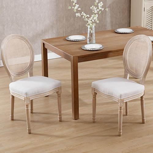 Kmax Sillas de comedor estilo granja, sillas de dormitorio de tela francesa envejecidas con respaldo redondo de ratán, elegantes sillas de cocina