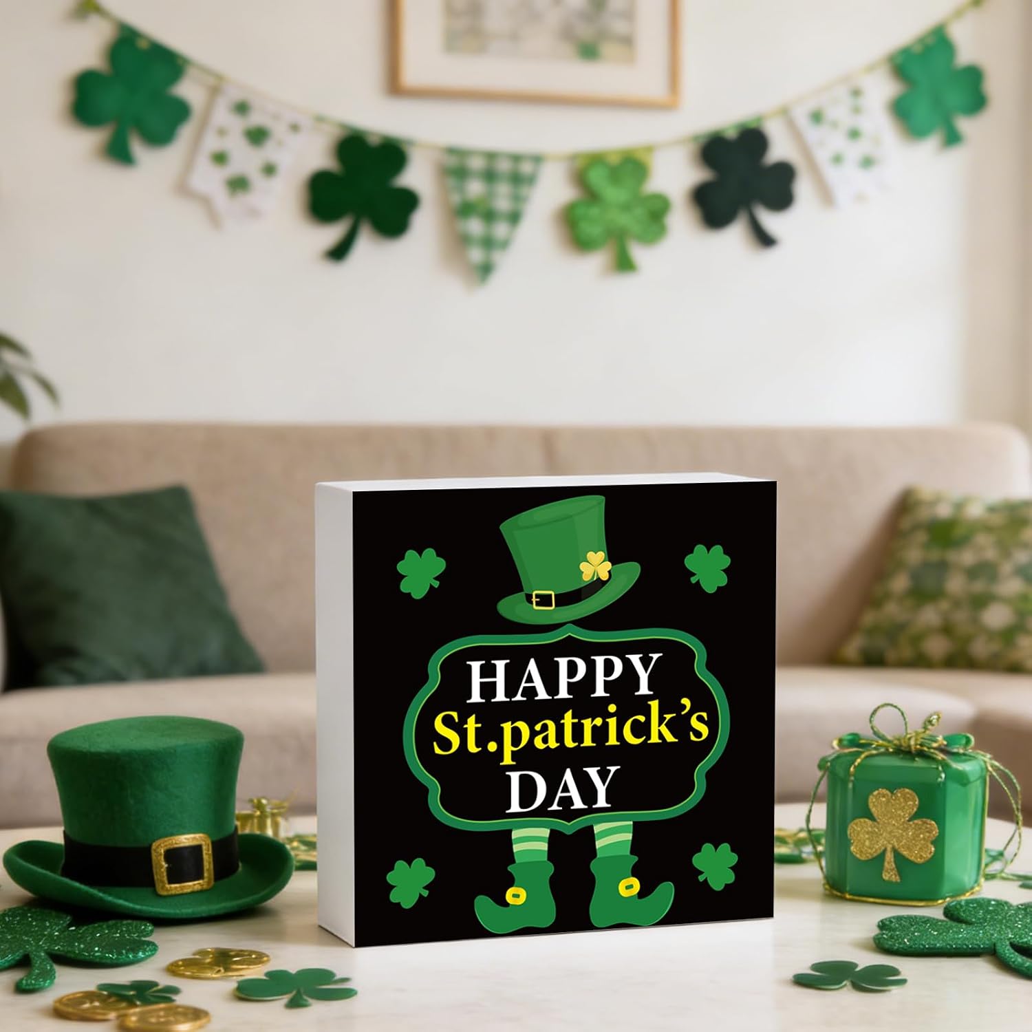 St Patricks Day Decorations St Patricks Day Decor Indoor Table Funny Rustic Home Room Office Bathroom Wood Box Sign Wooden Shelf Desk Decor Season Sign House Warming Gifts 5.9 x 5.9 Inch