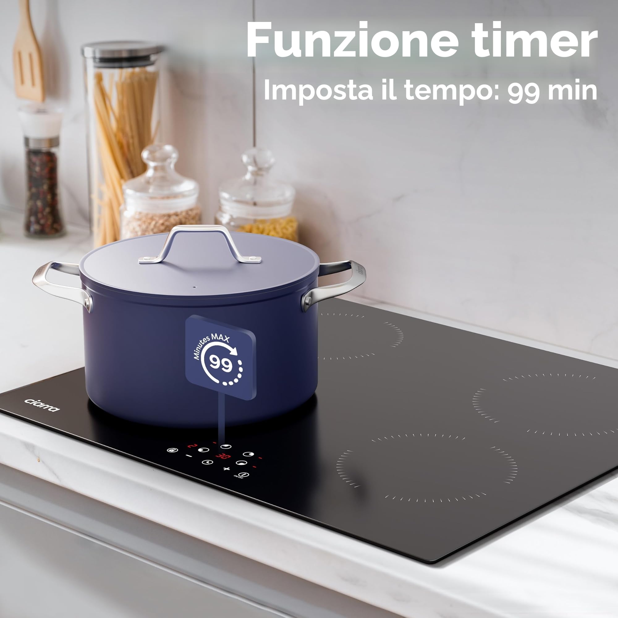 CIARRA Piano Induzione 4 Fuochi, Fornello Induzione con Sicurezza Bambini, Controllo Touch, Timer, 59CM, AWBBIH4-A | Blocco Bambini, Controllo Touch, Timer, Spegnimento Automatico, AWBBIH4-A