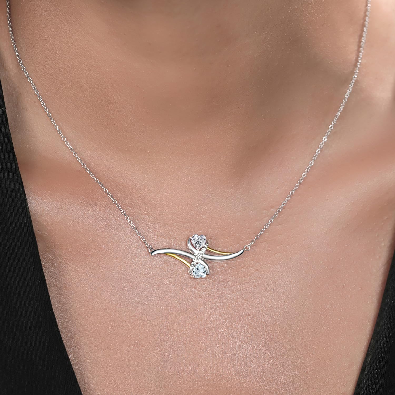 Gem Stone King 925 Silver and 10K Yellow Gold Lab Grown Diamond and Sky Blue Aquamarine Pendant Necklace for Women | 0.92 Cttw | Gemstone April Birthstone | Heart Shape 5MM | With 18 Inch Chain - Image 3