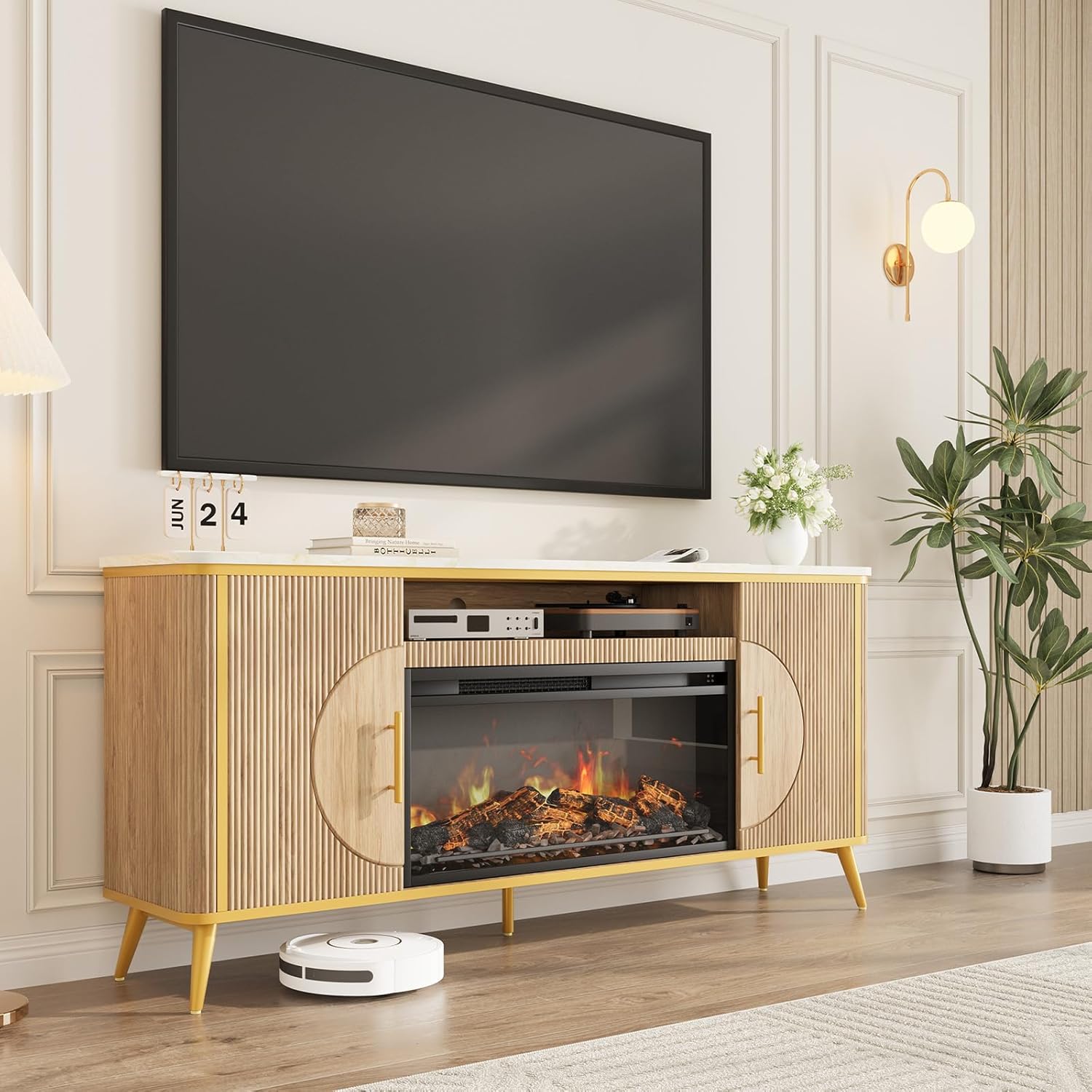 Fluted Fireplace TV Stand Up to 80" TVs, Modern Entertainment Center with 30" Electric Fireplace, Luxury Media Console with Adjustable Shelves for Living Room, Nature Oak