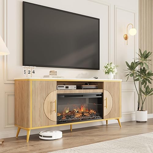 Soporte de TV con chimenea acanalada de hasta 80 pulgadas, moderno centro de entretenimiento con chimenea eléctrica de 30 pulgadas, consola Roble