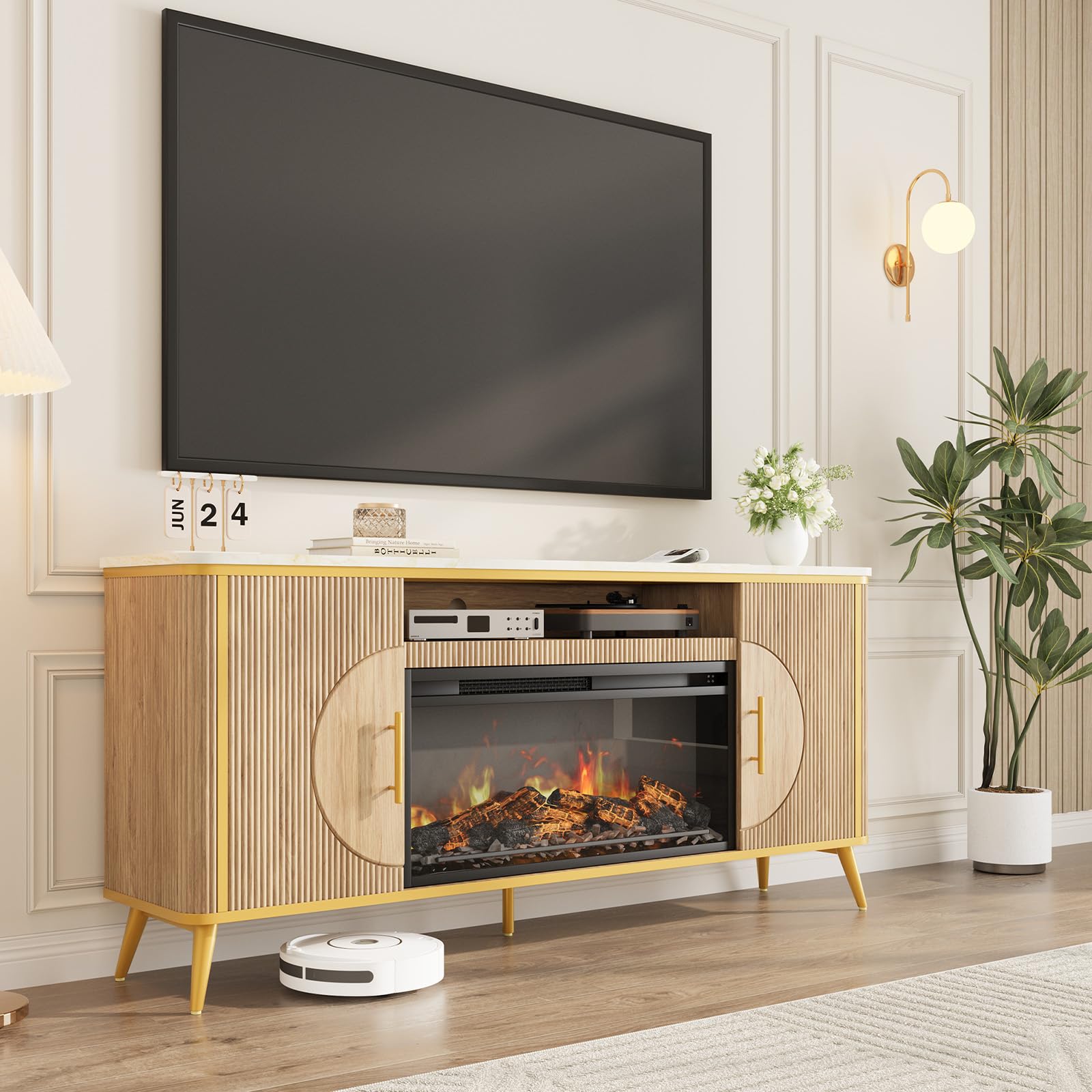 RNLRNL Fluted Fireplace TV Stand Nature Oak