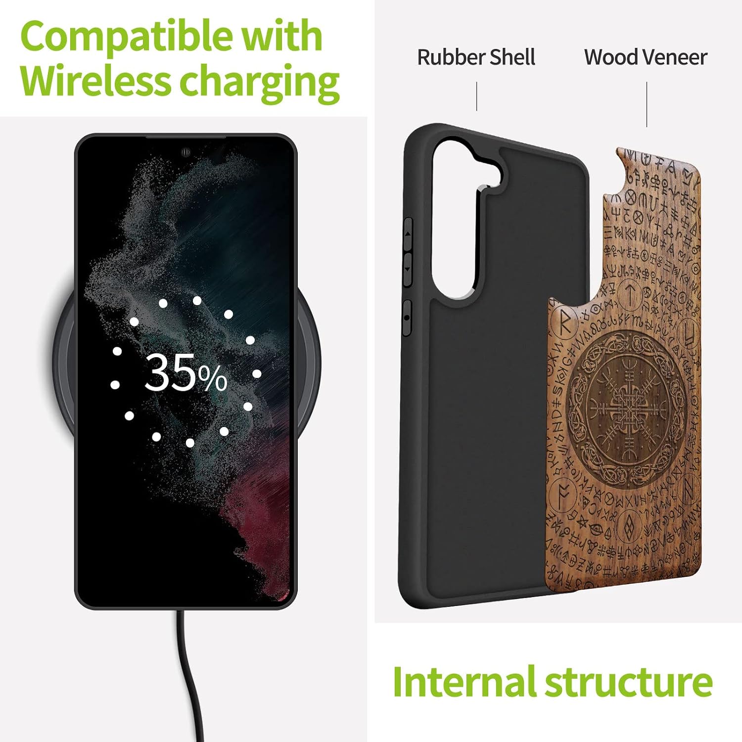 Carveit Wood Case for Galaxy S23 Plus Case [Natural Wood & Black Soft TPU] Shockproof Protective Cover Unique & Classy Wooden Design Compatible with S23 Plus (Viking-Walnut)