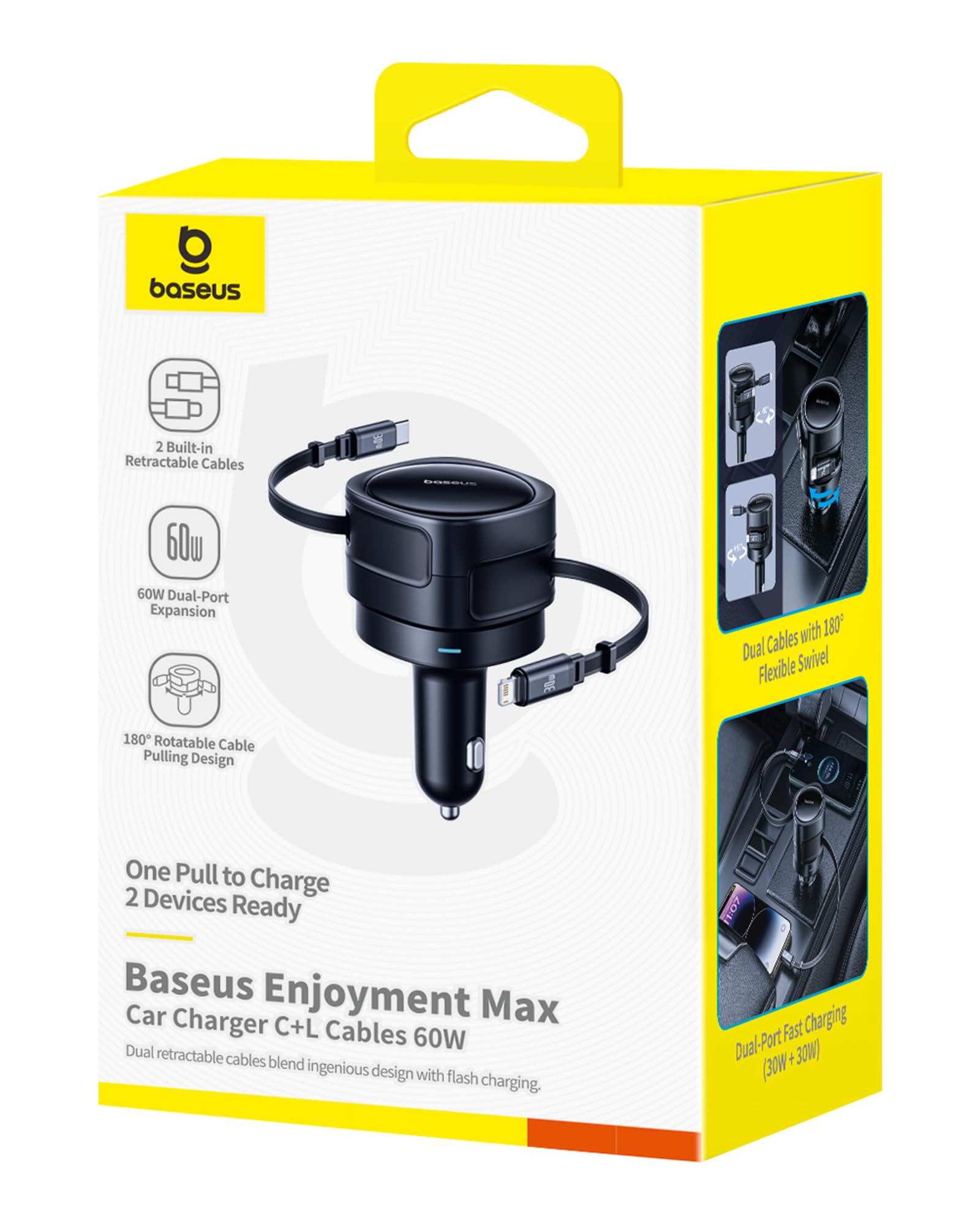 Baseus Enjoyment Max Cargador de coche C+L Cables 60W Cosmic Black
