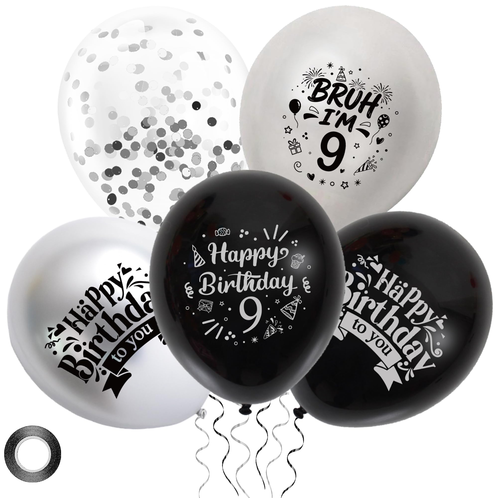 9th Birthday Decorations Party Balloons - 36pcs Black and Silver Bruh I'm 9 Balloons for Boys and Girls, Latex Balloon with Ribbon for 9 Year Old Party
