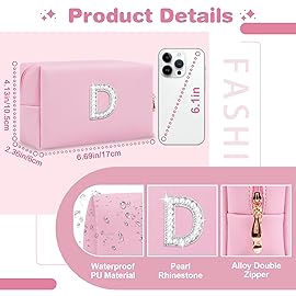 ChaoGreat Bride Gifts - Personalized Initial Makeup Bag with Pearl Rhinestone Patch, Preppy Pink Monogram Cosmetic/Toiletry Pouch, bridesmaid Gifts, Bridal Shower Gifts, Wedding Gifts, Bridal Gifts,D