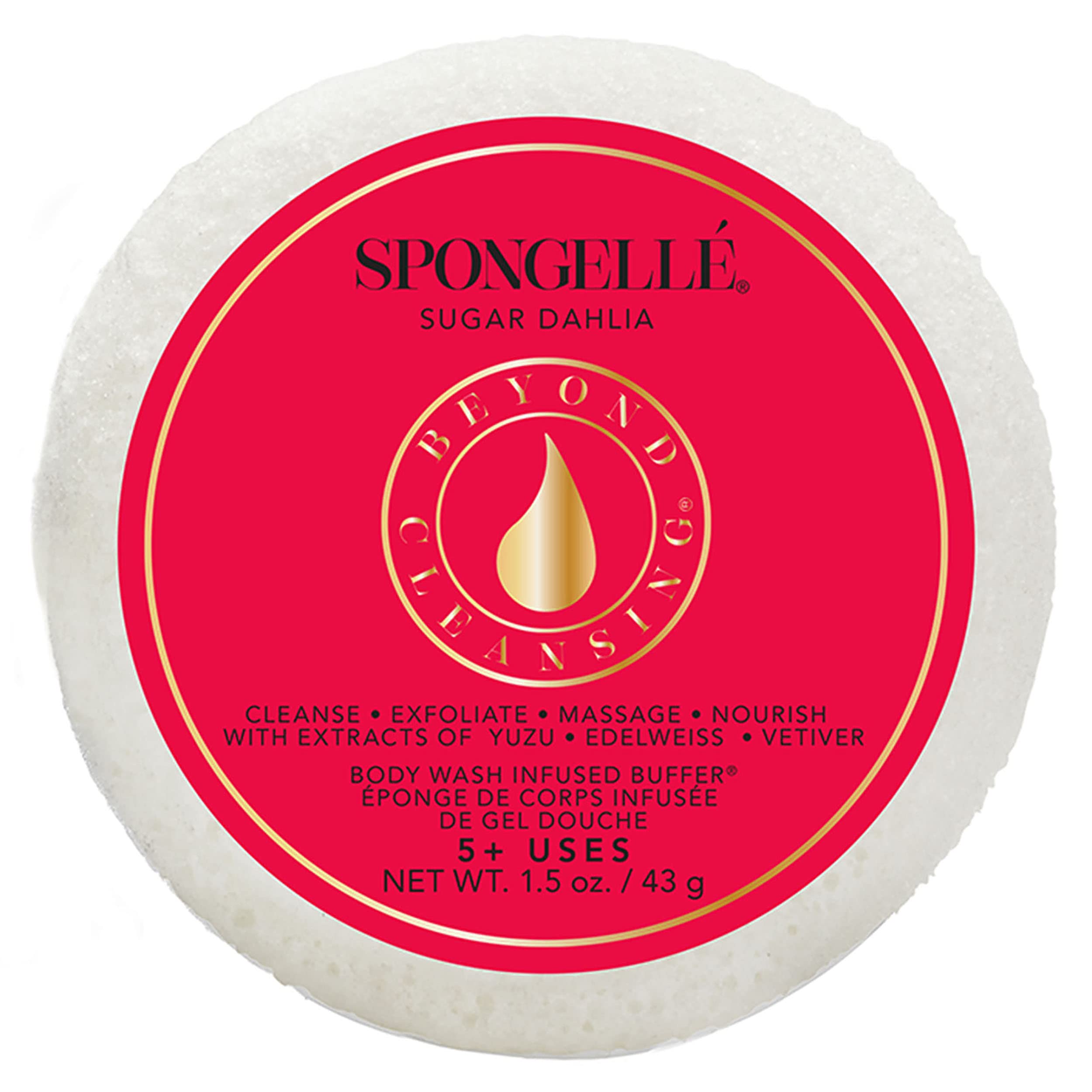 Sugar Dahlia Spongette [1 unit]- 5+ Washes, Cruelty-Free, Paraben-Free, Body Wash Infused Sponge with Yuzu, Edelweiss, & Vetiver Extracts | Hygiene Bathroom Essentials