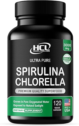 Cápsulas de Polvo de Clorella y Espirulina 3000 mg de Algas Azules Verdes Puras Libres de BMAA - Mejores Vitaminas Naturales Detox Crudas Veganas