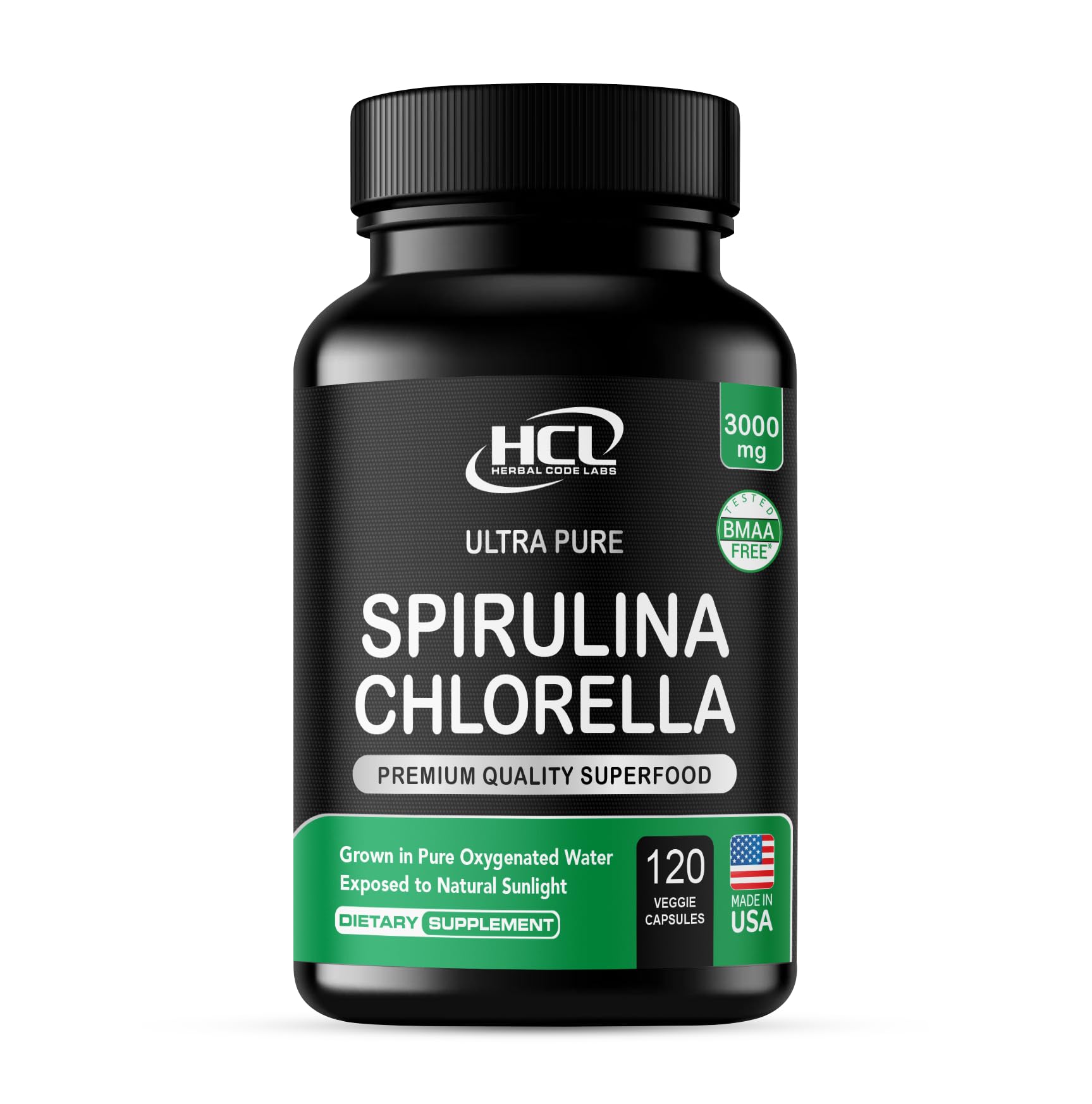 Chlorella Spirulina Powder Capsules 3000 mg of BMAA Free Purest Blue Green Algae - Best Natural Detox Raw Vegan Vitamins Protein Green Superfood - Made in USA