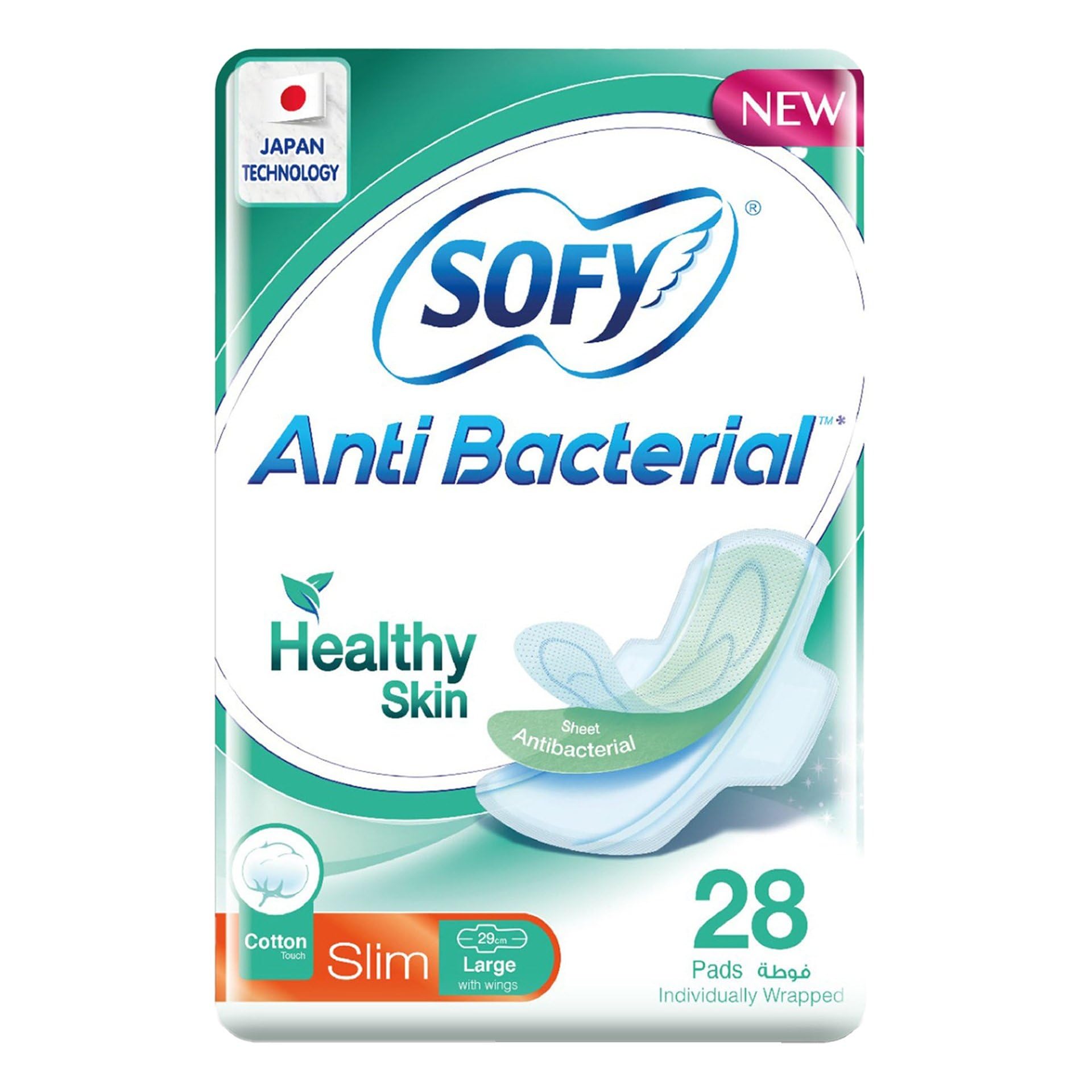 Sofy Healthy Skin Anti-Bacterial Slim Pads With Wings Large 28 pcs