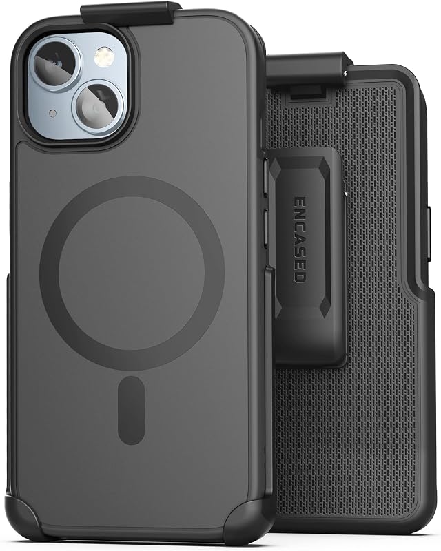 Encased SlimShield Designed for iPhone 15 Belt Clip Case with Holster (Compatible with MagSafe) Black (V2 Revised Buttons)