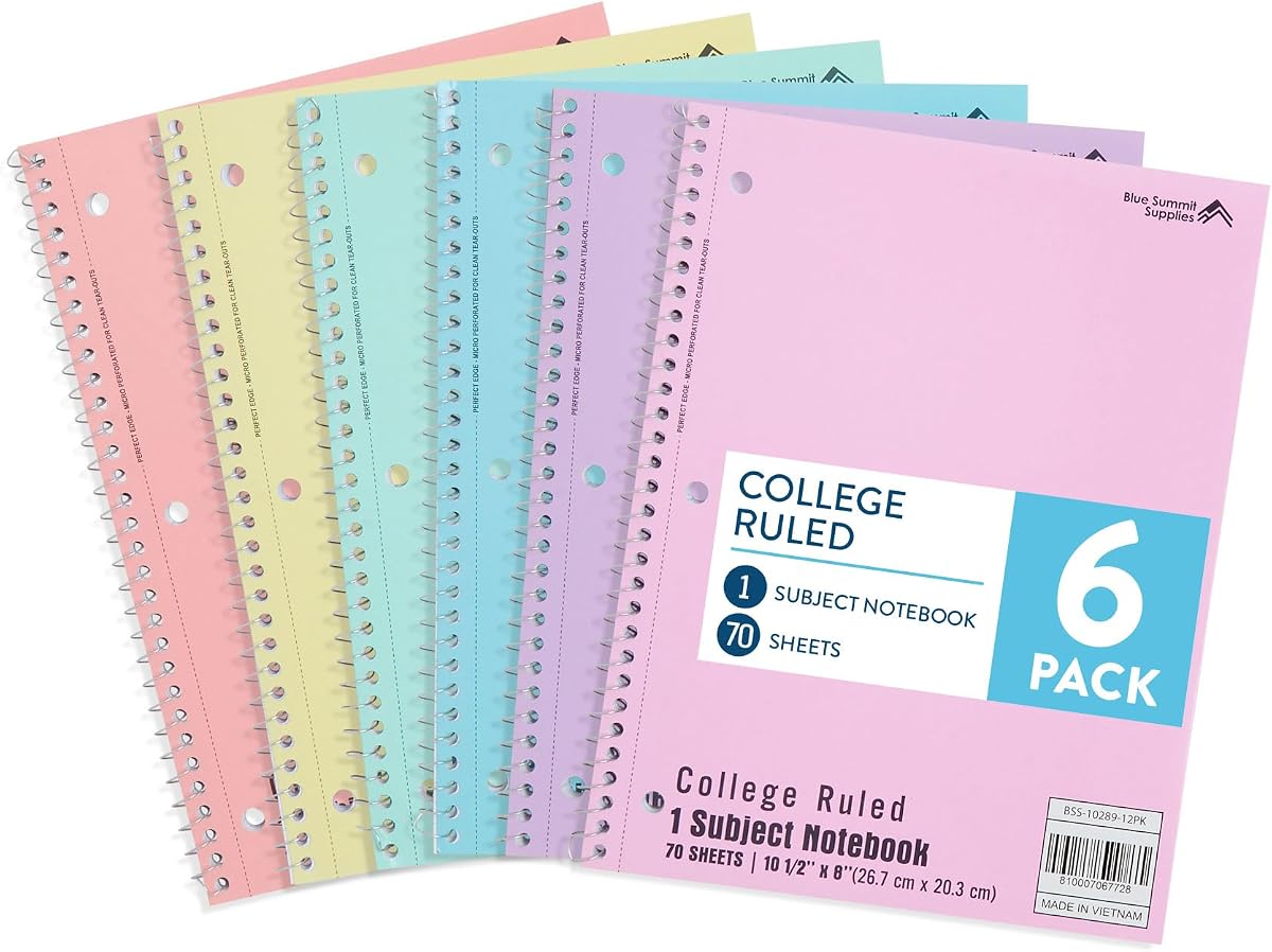 Blue Summit Supplies 6 Spiral Notebooks, College Ruled, Assorted Pastel | 8 x 10.5 in, 70 sheets each, 3 hole punched, perforated, pastel covers, for school and note taking