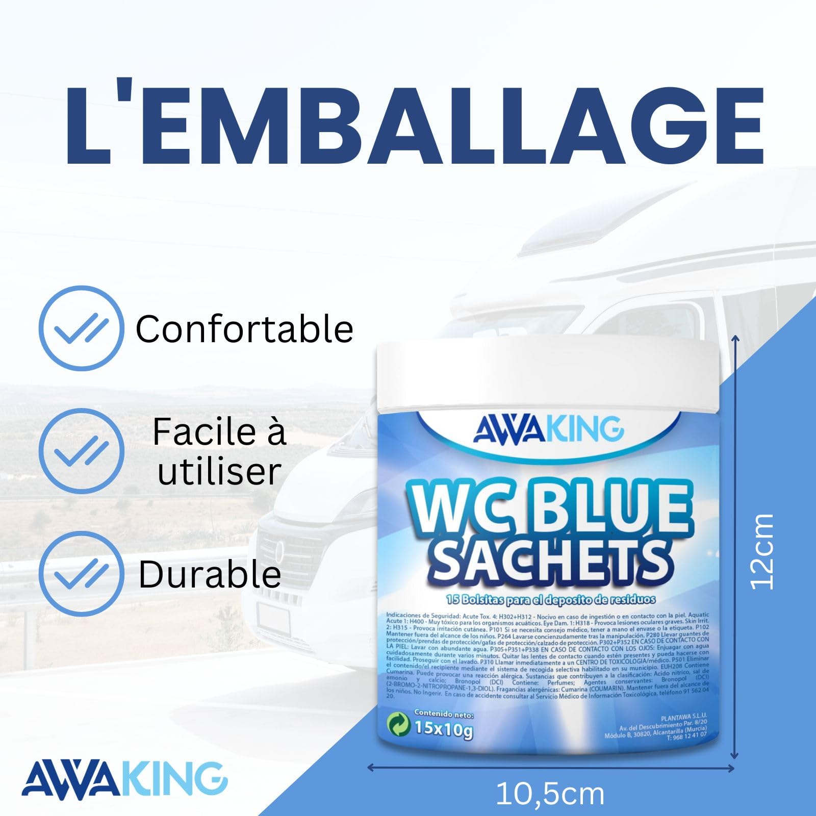 AWAKING Pastilles WC Chimique Pour Camping-Car 15 Blue Sachets | Nettoyage en profondeur et désodorise. Formule concentrée et arôme frais, réservoir d'eau noire, caravane, camping-car
