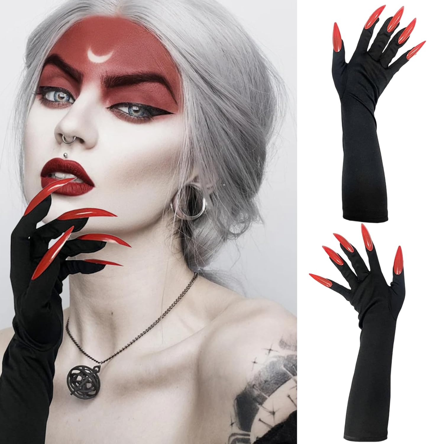 Red Long Nail Ghost Gloves - Witch Claw Gloves with Long Fingernails for Carnival Halloween Party Cosplay Costume Decoration Accessories - Image 2