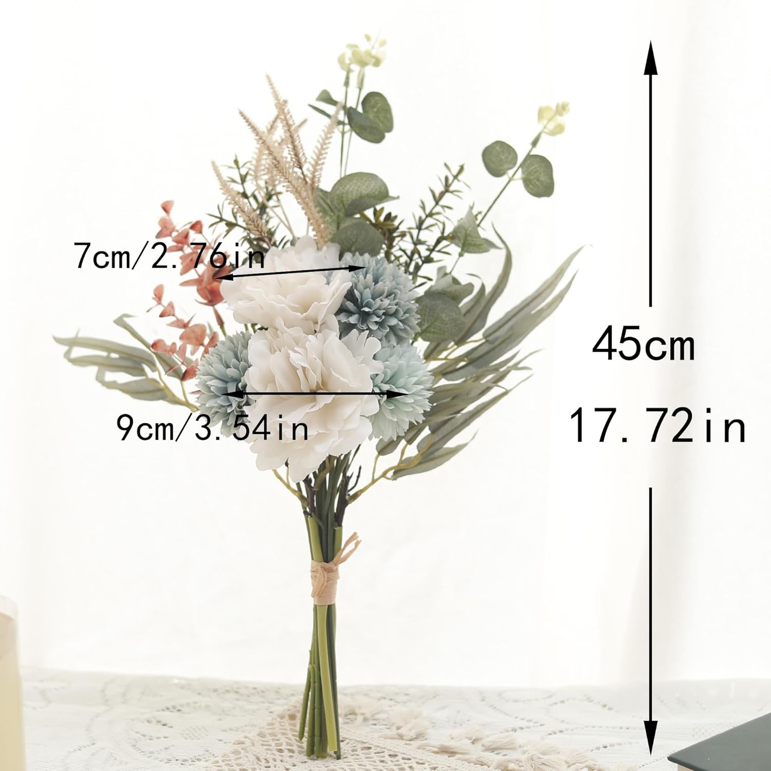 2PCS Silk Peonies Artificial Fake Flowers Bouquet for Rustic Home Decoration Blue Floral Bridal Bouquets Wedding Arrangement Table Centerpieces Faux Flower Indoor Decor Plants Props (White & Green)
