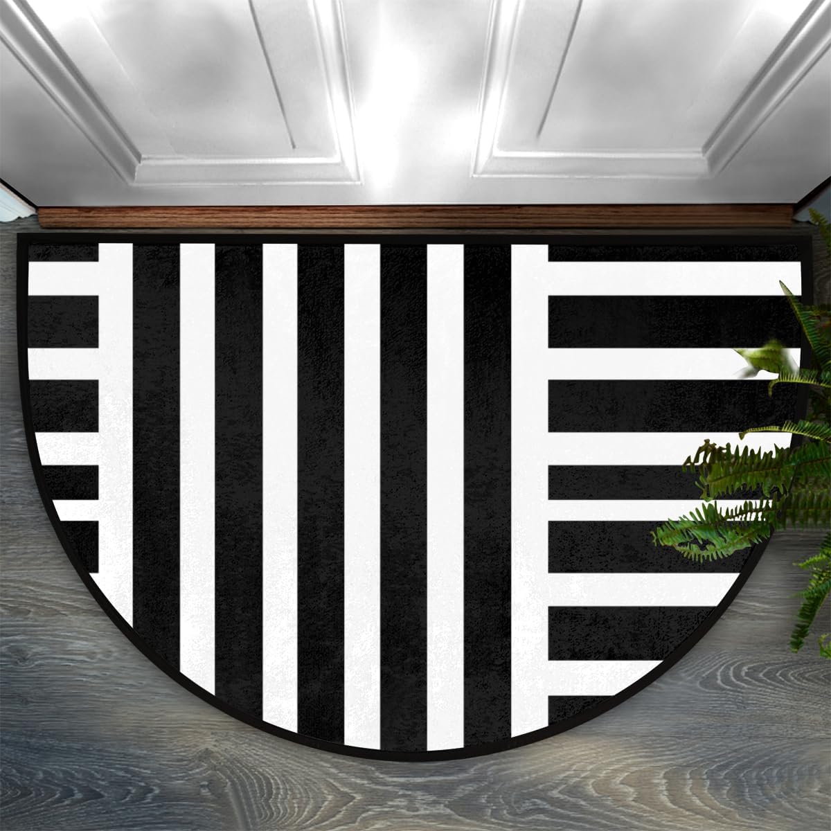 Black and White Striped Half Round Door Mat Indoor Entrance Half Moon Rug Area Rug Low Pile Non Slip Absorbent Semi Circle Welcome Mats for Kitchen Patio Home Decoration 36x24 Inch