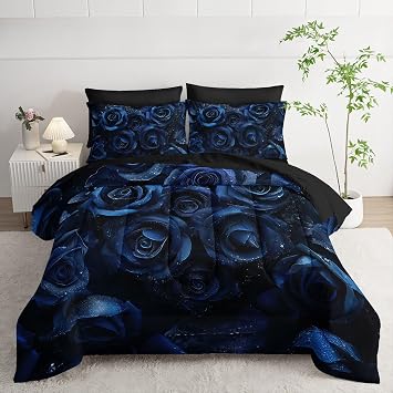 7pcs Blue Floral Comforter Set Valentines Day 3D Rose Printed Bedding Set with 1 Comforter, 1 Flat Sheet, 1 Fitted Sheet and 4 Pillowcases for Boys and Girls Bedroom Rose Full