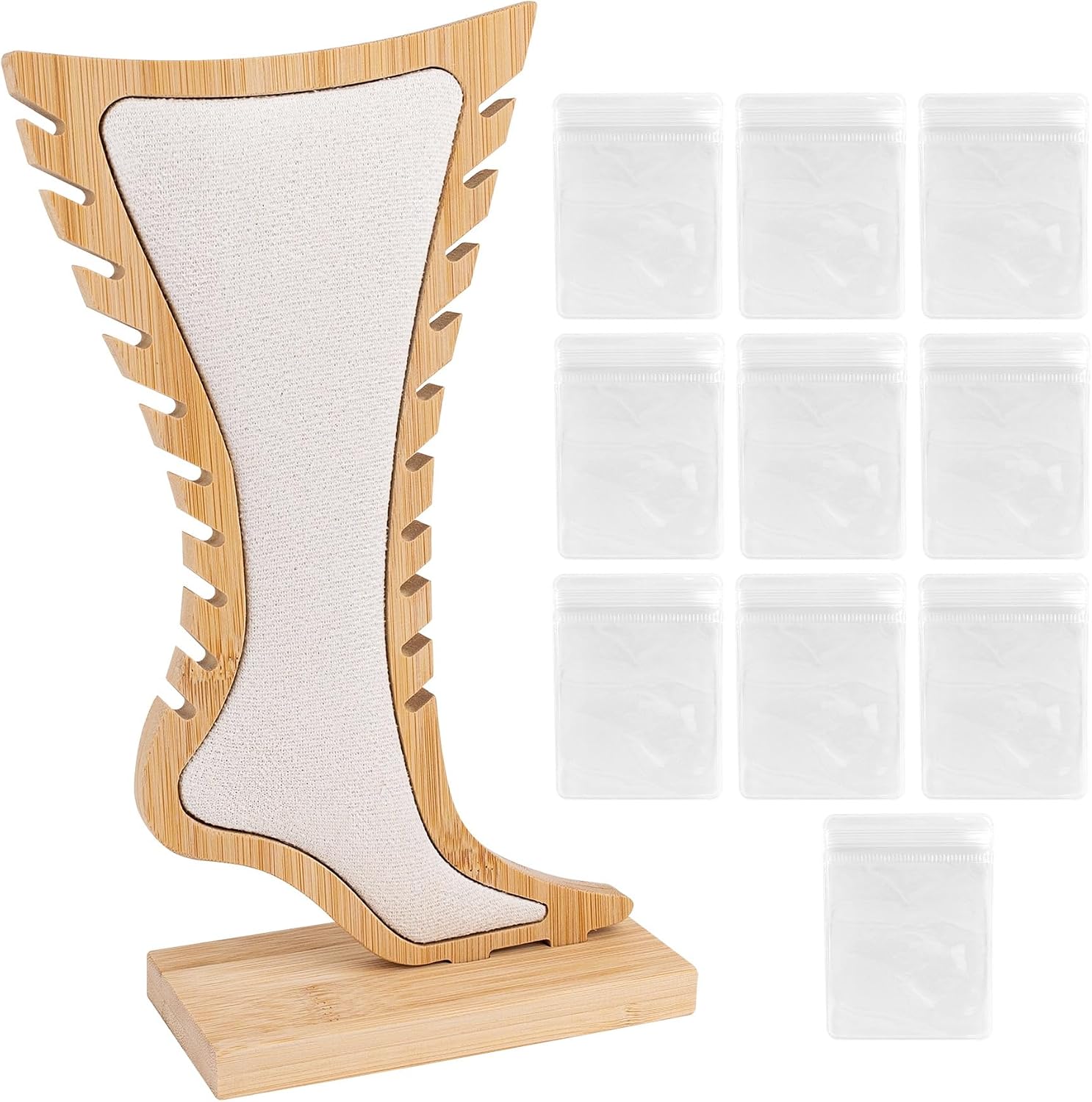 Framendino, Foot Anklet Display Stand Chain Storage Holder Wooden with 10 Clear Jewel Bags White