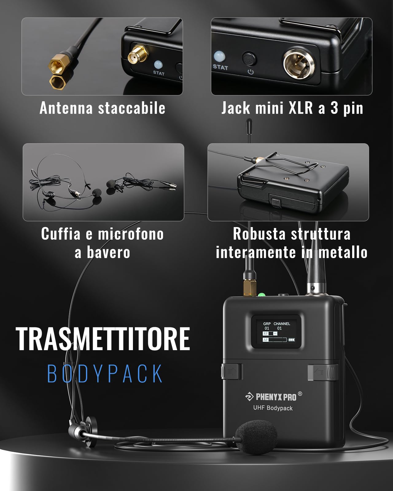 Phenyx Pro Sistema Microfono Wireless UHF a 2 canali PTU-2U-1H1B | True Diversity, scan auto, 2 × 1000 canali, 328 ft, sync IR, 1 mic palmare, 1 bodypack, mic headset/lavalier