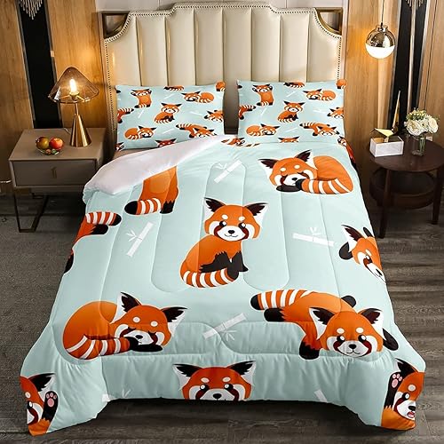 Miniatura 2 de Juego de edredón de panda rojo, tamaño matrimonial, juego de ropa de cama con bonito estampado de animales para niños y niñas, juego de edredón con