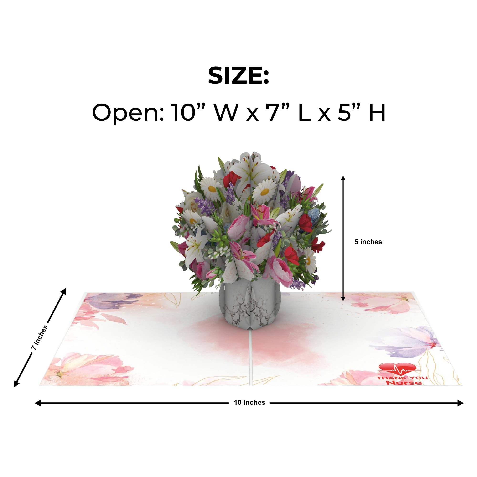 iGifts And Cards Tarjeta desplegable 3D de ramo de agradecimiento para enfermeras, felicitación de 5 x 7 pulgadas con tarjeta de notas y sobre, celebra la semana de las enfermeras, tarjeta floral de