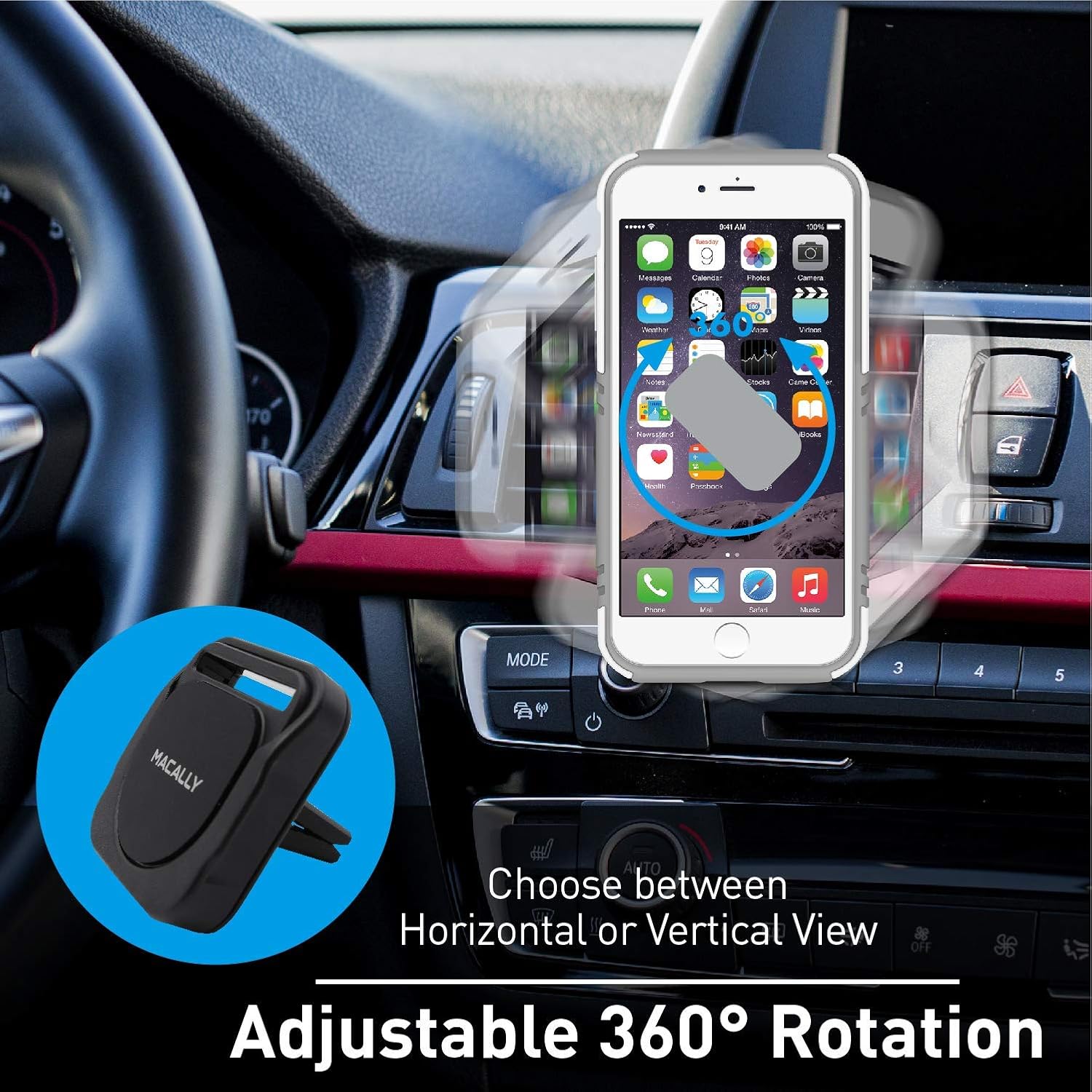 Magnetic Phone Car Mount Vent, Macally [Upgraded 3-in-1] Air Vent Phone Holder and Dash Mount - Designed to Clip Cell Phone with Pop Out Stand, iRing, or Any iPhone Galaxy