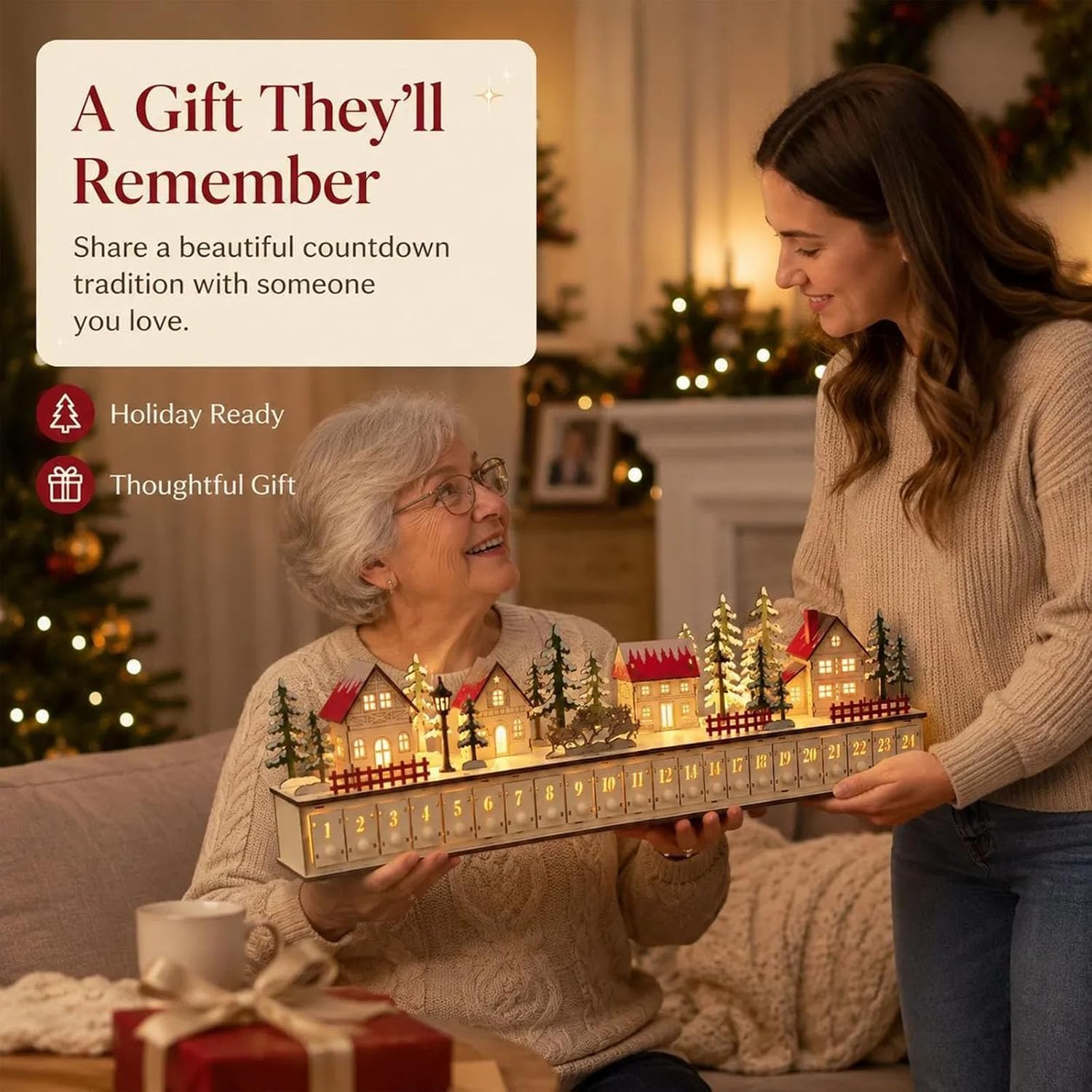 24 Tage Weihnachtsdorf Adventskalender, Weihnachtsdorf Mit Beleuchtung, Adventskalender Zum BefüLlen, Weihnachtsdeko Holzmaterial, Wiederverwendbar, FüR Kamine, Fenster, Esstische Und Wohnzimmer.、A