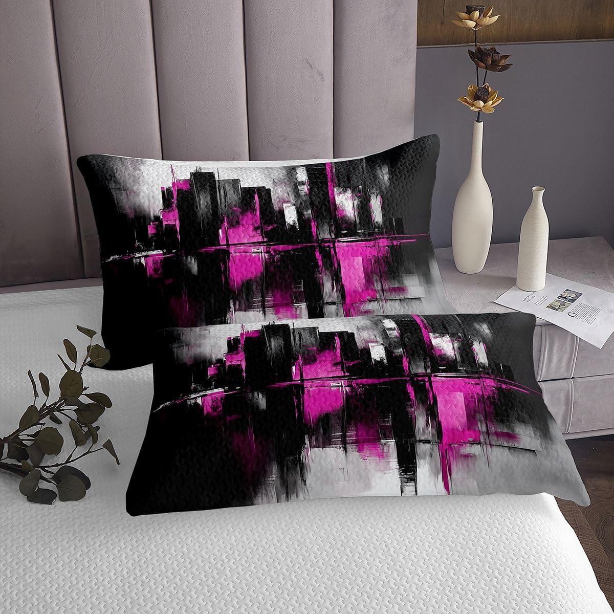 Homewish Black and Purple Bedspread Twin Size,Abstract Painting Art Bedding Sets 2Pcs for Kids Girls Boys Room Decor,Modern Urban View Comforter Set Graffiti Art Quilt Coverlet,1 Pillowcase