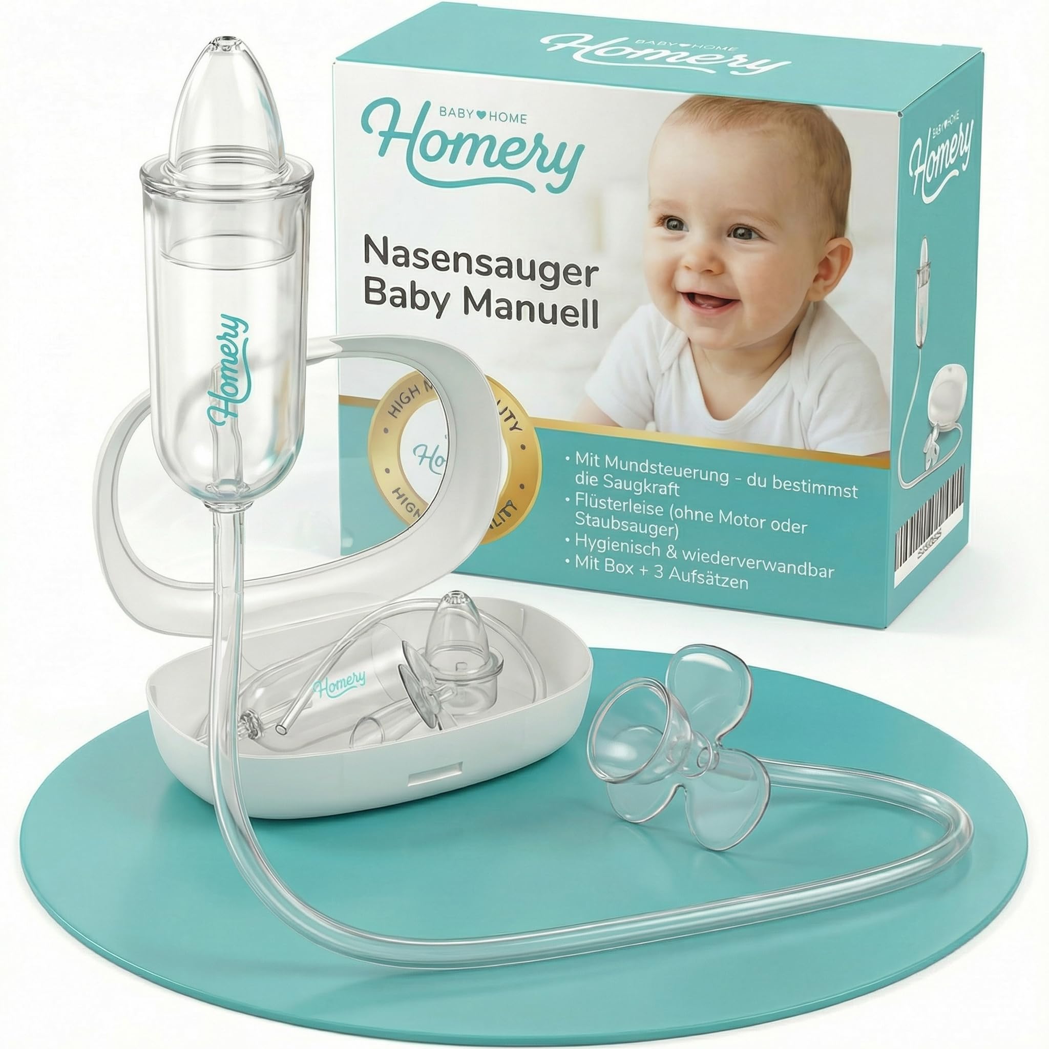 Homery Nasensauger Baby Manuell, Nasenabsauger Nasenreiniger Baby aus medizinischem Silikon, für Neugeborene und Kinder, wiederverwendbar, Filter mit 3 Wechselaufsätzen & Anleitung, Nasal Aspirator