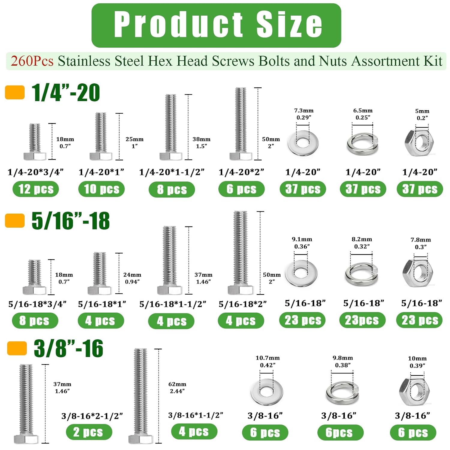260Pcs Stainless Steel Hex Head Screws Bolts and Nuts Assortment Kit, with Flat & Lock Washers,1/4-20, 5/16-18, 3/8-16 Assorted Hex Bolts Nuts and Washers Set, 18-8(304) Full Thread with Case