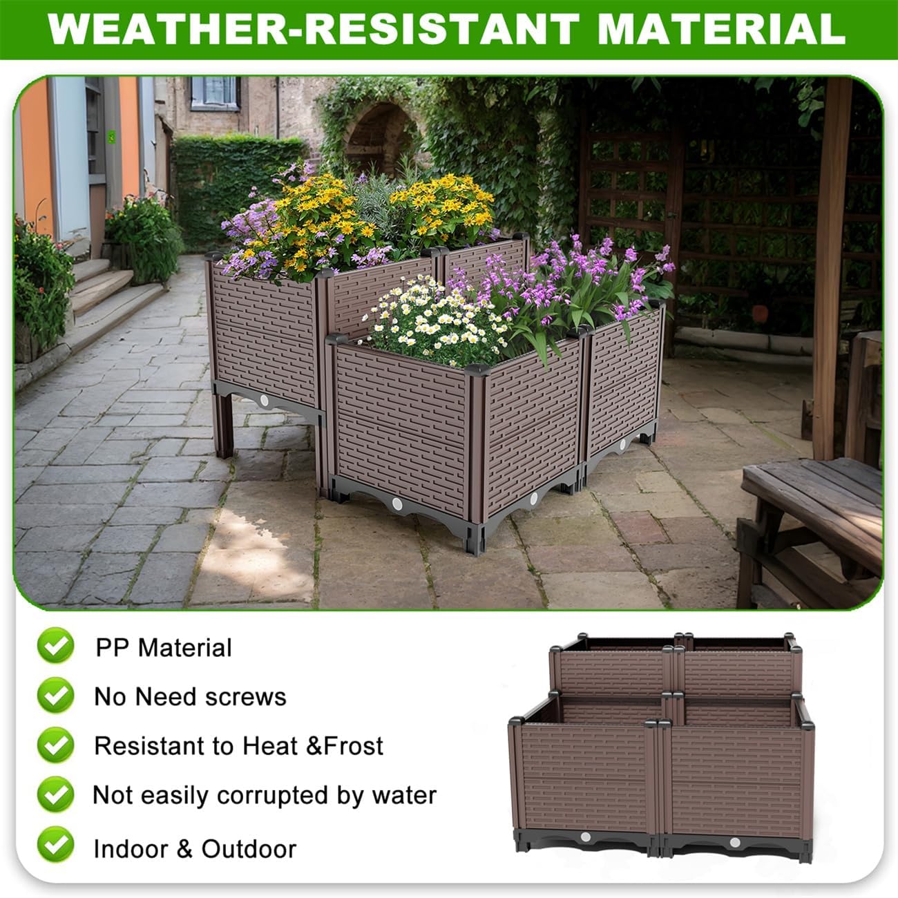ZeHuoGe 31.5x31.5x19.6in Raised Garden Beds Outdoor, Polypropylene Planter Boxes Outdoor for Vegetables, Flowers, Herbs, Garden Box with Drain Outlet, Heat and Frost Resistance Planters, 440Ibs