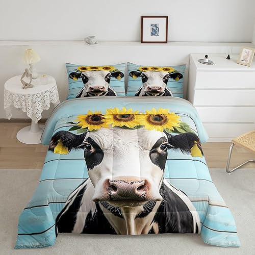 Miniatura 9 de Erosebridal Juego de edredón con estampado de vaca, juego de ropa de cama de mariposa, relleno completo de cuero de vaca, leche y vaca, juego de