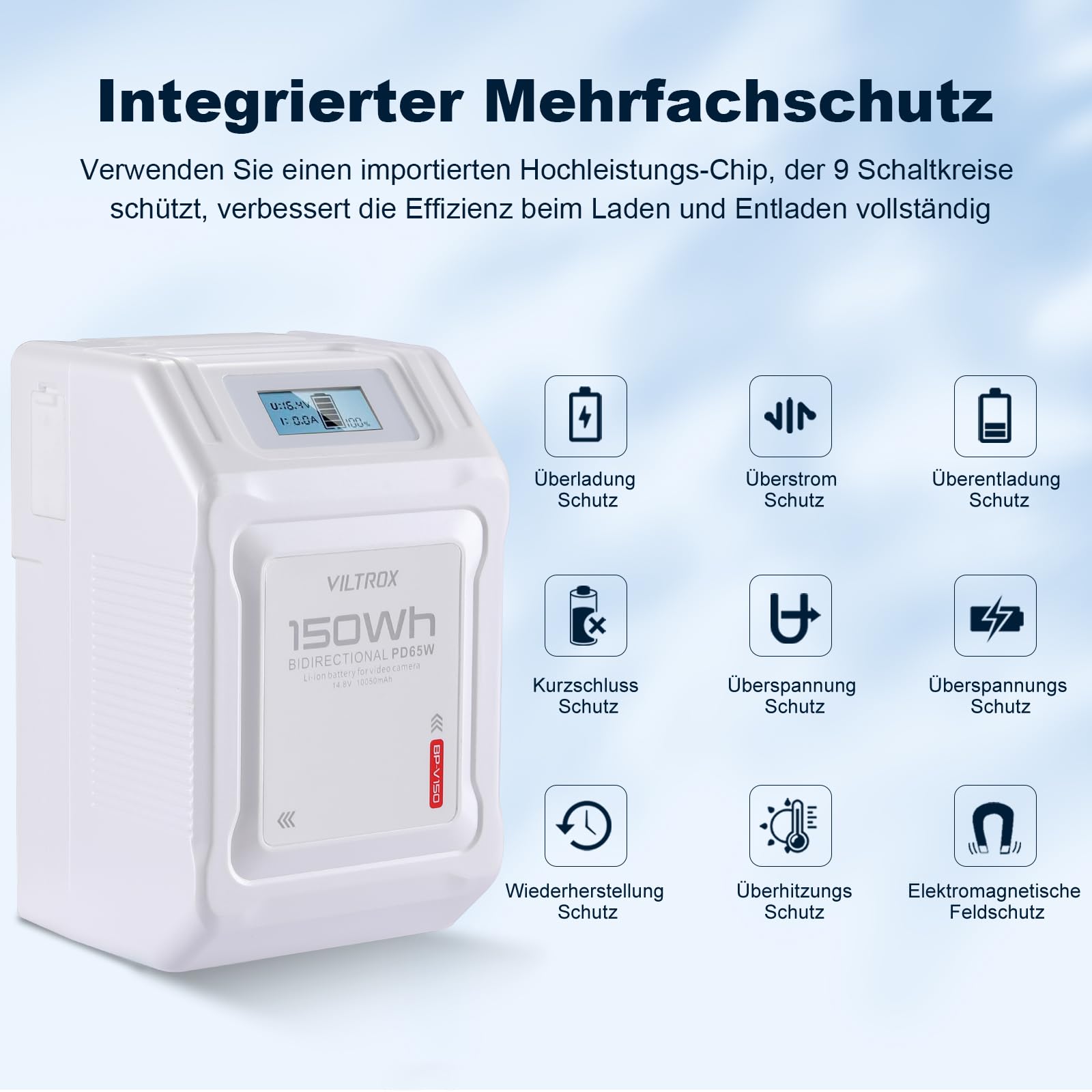 VILTROX BP-V150 V Mount Battery 10050mAh V Lock Batteria con Display LCD,Doppio D-Tap Uscita USB 150Wh/14,8V,Bianco Mini V-Mount Battery per Fotocamere,Videocamere,luci LED,Monitor,MacBook Smartphone
