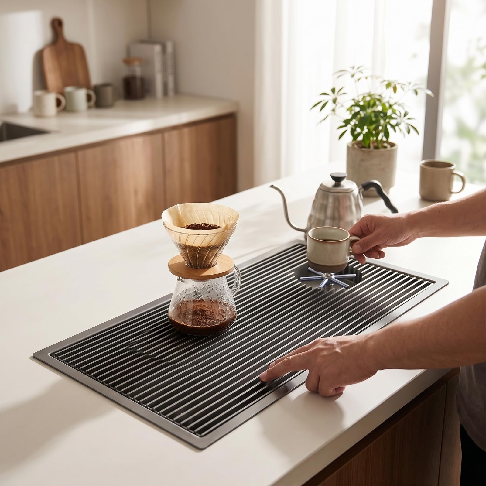 Coffee Station Vassoio per Caffè a Mano Griglia Scolapiatti Vaschetta Raccogligocce Supporto Lavaggio Tazze in Acciaio Inox con Drenaggio