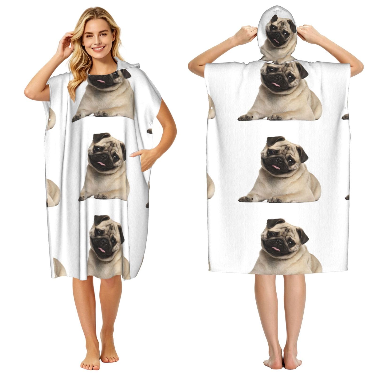 Poadnly 9 Month Old Pug Puppy, Adult Hooded Beach Towel 90 x 110 cm,Changing Bath Robe, Surf Poncho Towel For Women Men