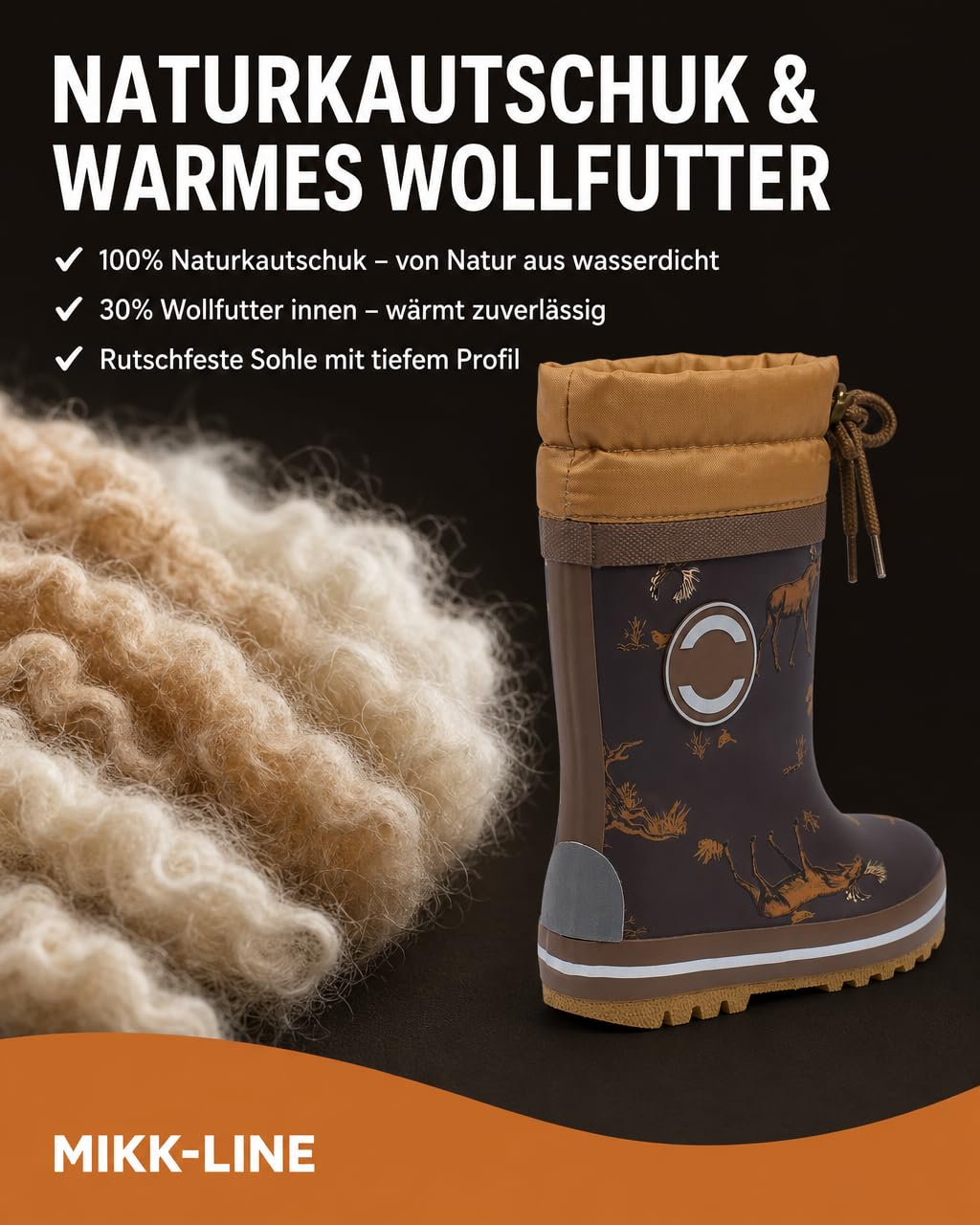 Mikk-line Bottes en caoutchouc thermique pour enfants | Bottes d'hiver pour enfants avec lacets | Bottes en caoutchouc doublées avec détails réfléchissants | Bottes de pluie pour enfants en caoutchouc