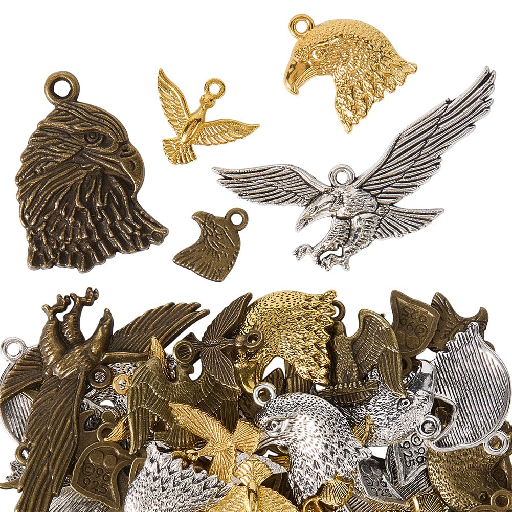 SOFPLATE 1 Box 100g Gold Eagle Charm Silver Tibetan Charms Bulk Antique Alloy Eagle Head Pendants Flying Animal Charms for Jewellery Making Charms Necklace Earrings Bracelets Keychains Crafts Beginner