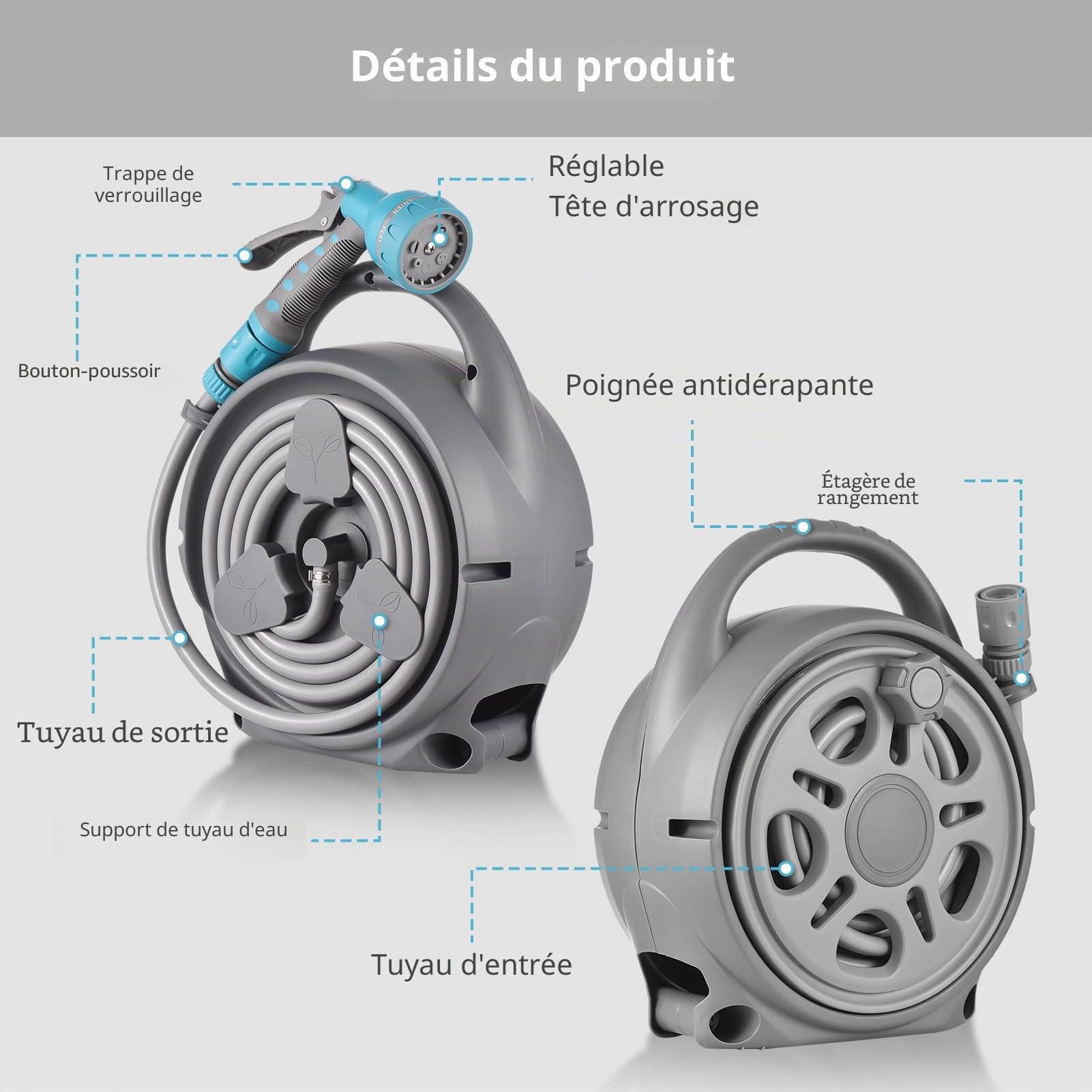 Hanzete Enrouleur de tuyau d'arrosage rétractable de 100 m avec buse de pulvérisation réglable 7 fonctions/adaptateurs, système de rembobinage manuel pour arrosage de jardin/cour, lavage de voiture