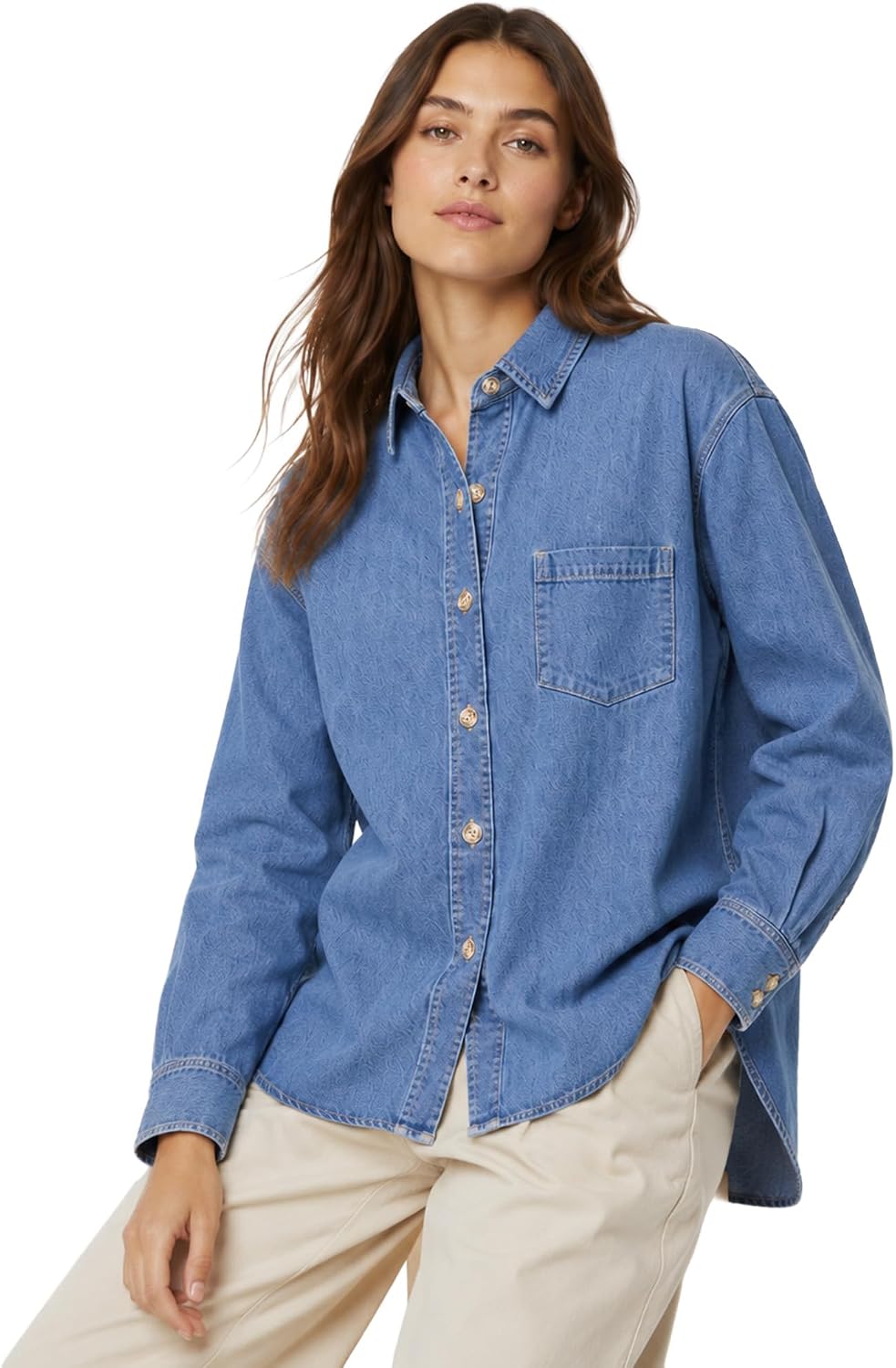 Women's Button Down Denim Shirt Casual Long Sleeve Collared Jean Jacket Shacket Chambray Blouse Top
