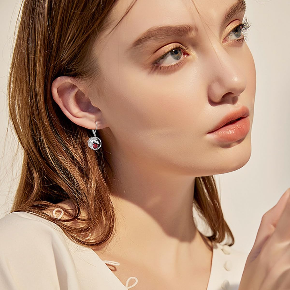Horse Earrings for Women 925 Sterling Silver Horse with Heart Cut Red Garnet Drop Dangle Earrings - Image 4