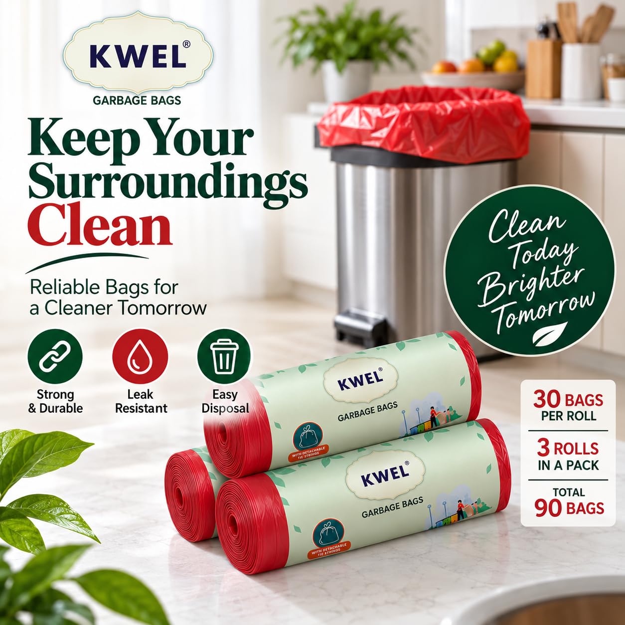 KWEL Plastic Disposable Garbage Bags/Dustbin Covers, 3 Packs Of 30 Pieces-90 Bags Medium (19" X 21") Red — Amazon image 2