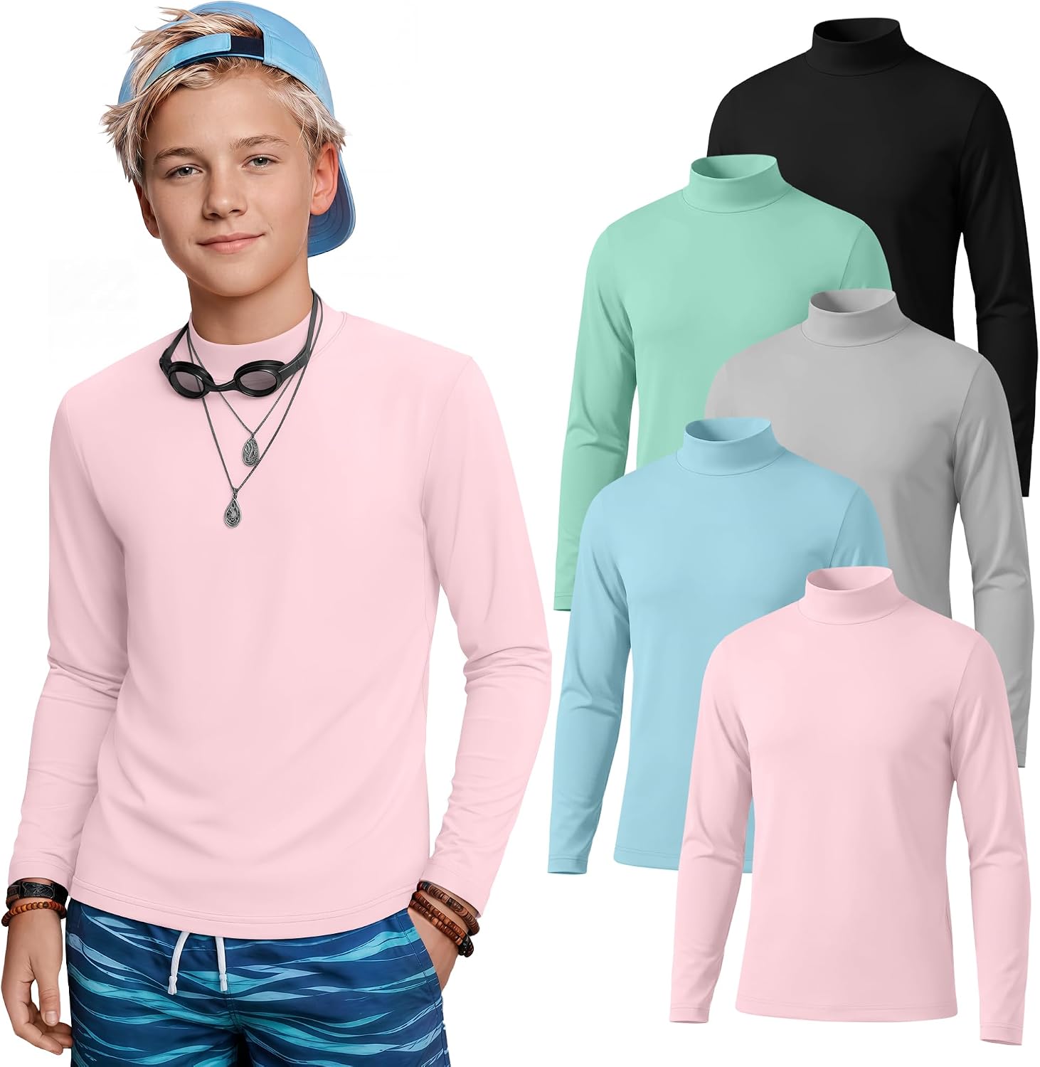 5 Pack Boys Rash Guard UPF 50+ Long Sleeve Swim Shirts Kids UV Sun Protection Tops SPF Water Shirts for Fishing
