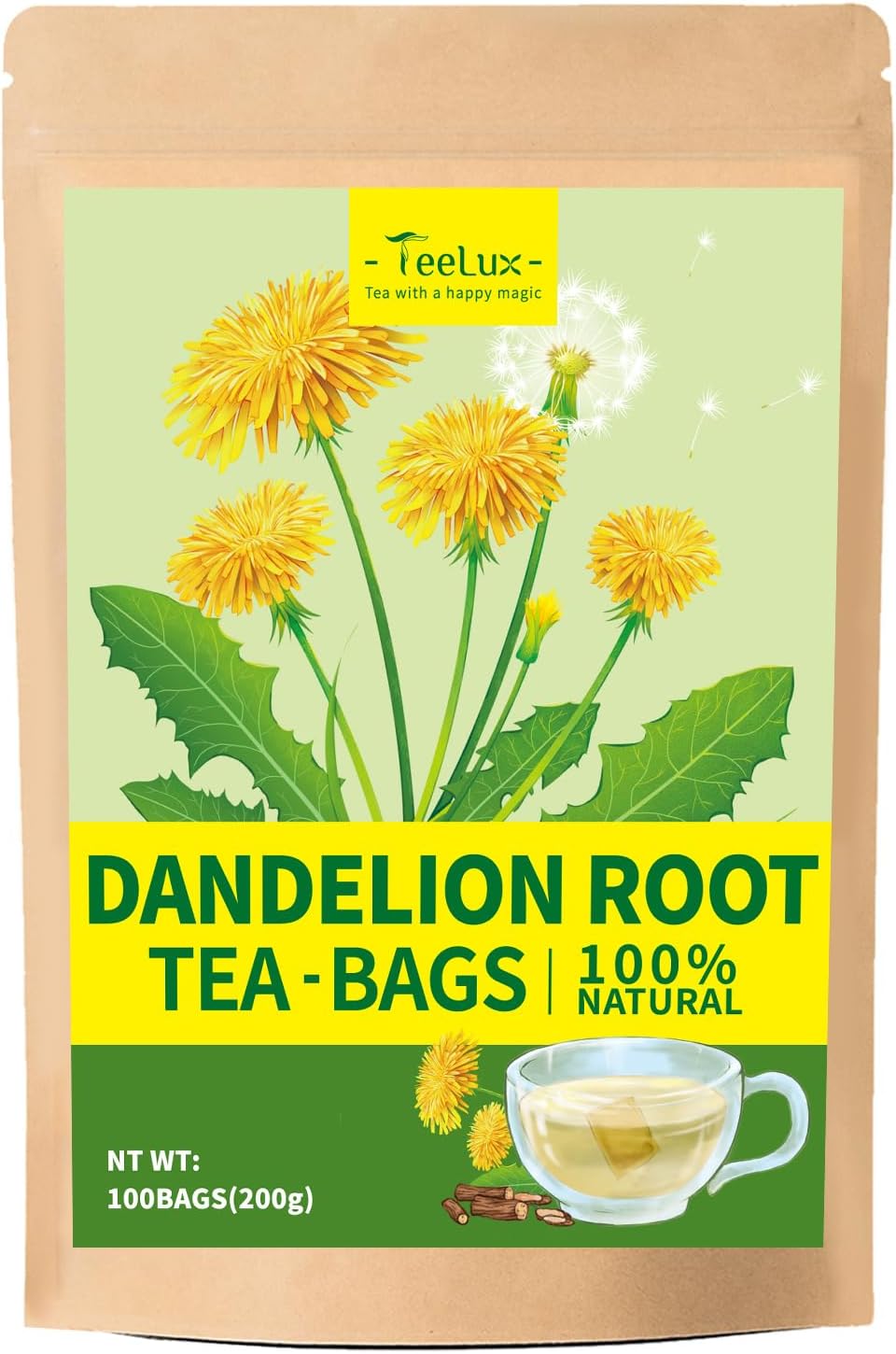 TeeLux Dandelion Root Tea Bags 100 Count, Raw Dandelion Root, Caffeine Free, Premium Natural Herbal Tea, Biodegradable Tea Bags