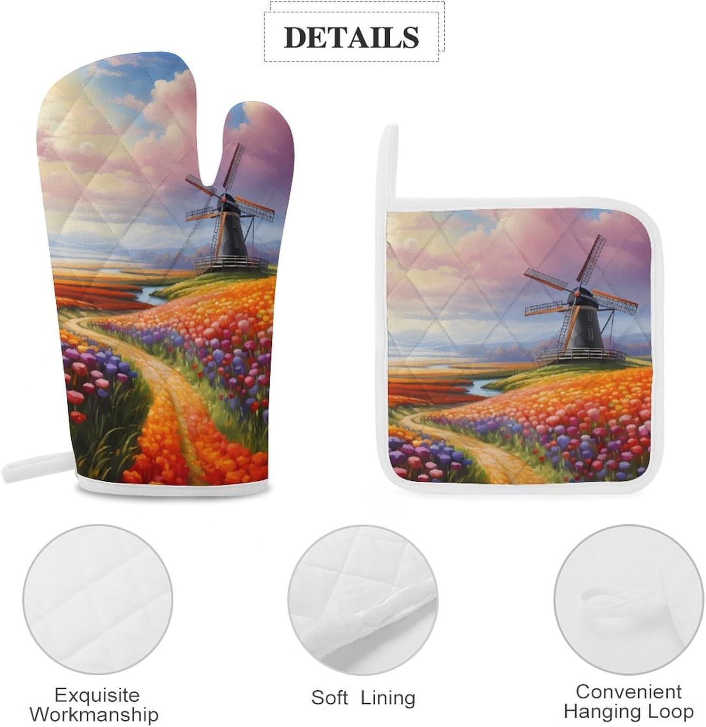 Dutch Windmills Tulips 4 Pcs Oven Mitts and Pot Holders Set High Heat Resistant Long Kitchen Oven Glove Potholders