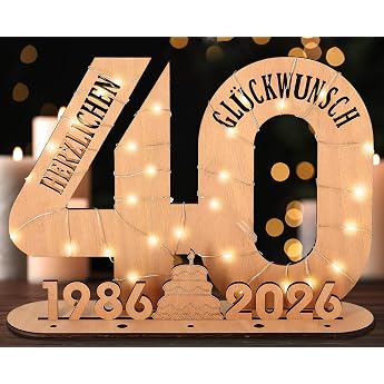 Giftota - 2026 Original 40th Birthday Gift Women & Men - 40th Ruby Wedding - Money Gifts 40 with LED Fairy Lights Stand - Wooden Sign Guest Book - 40th Birthday Decoration - Wedding Gifts